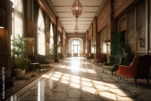Beautiful interior of a retro hotel in a lovely classic style. The concept of wealth and glamor. Generative Ai, Ai.