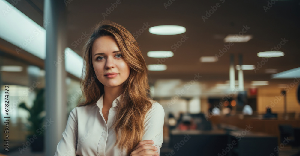 a smiling girl with arms crossed in an office a smiling girl with arms crossed in an office