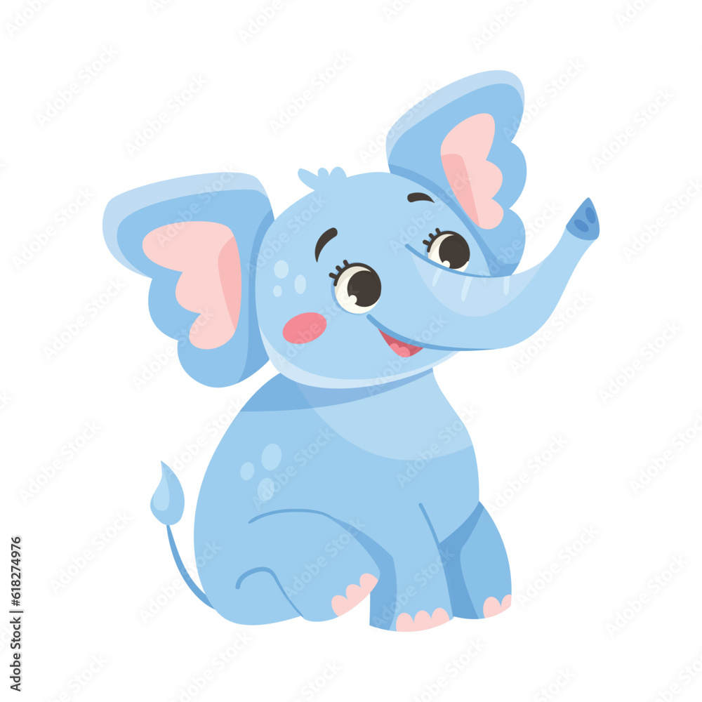 Fototapeta premium Cute Blue Baby Elephant Character Sitting with Large Ear Flaps and Trunk Vector Illustration
