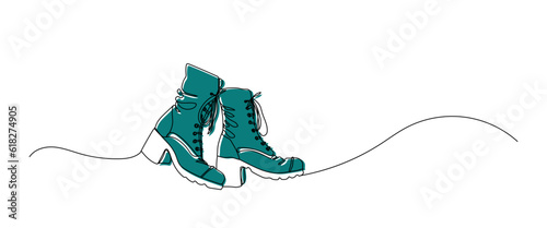 Continuous draw one line women autumn boots. Lady shoes outline drawing. Women shoes with colored flat background. Vector illustration with single line drawing.