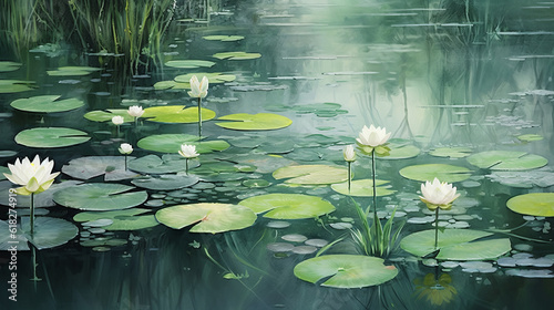 Monochromatic Reflections of a Water Lily Pond watercolor. AI generated