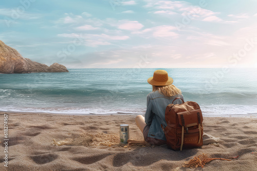 A woman sits on the seashore  searching through her bag while enjoying the scenic view. Generative Ai  Ai.