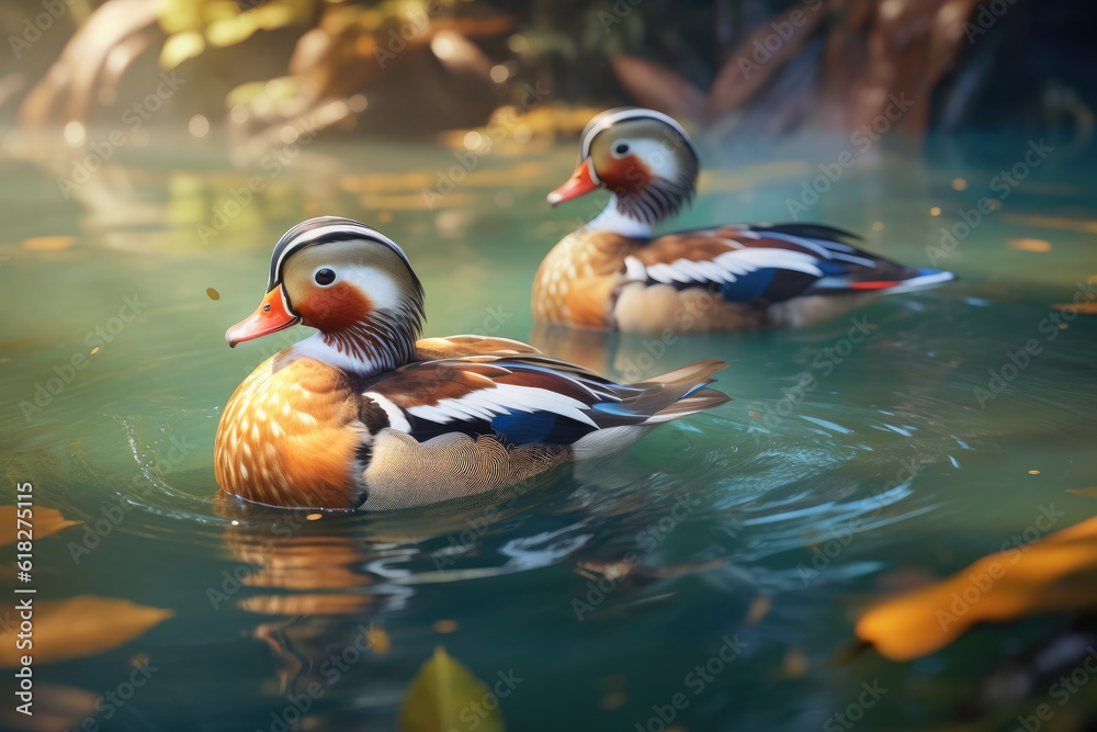 A male and female mandarin duck gracefully swimming together on a river ...