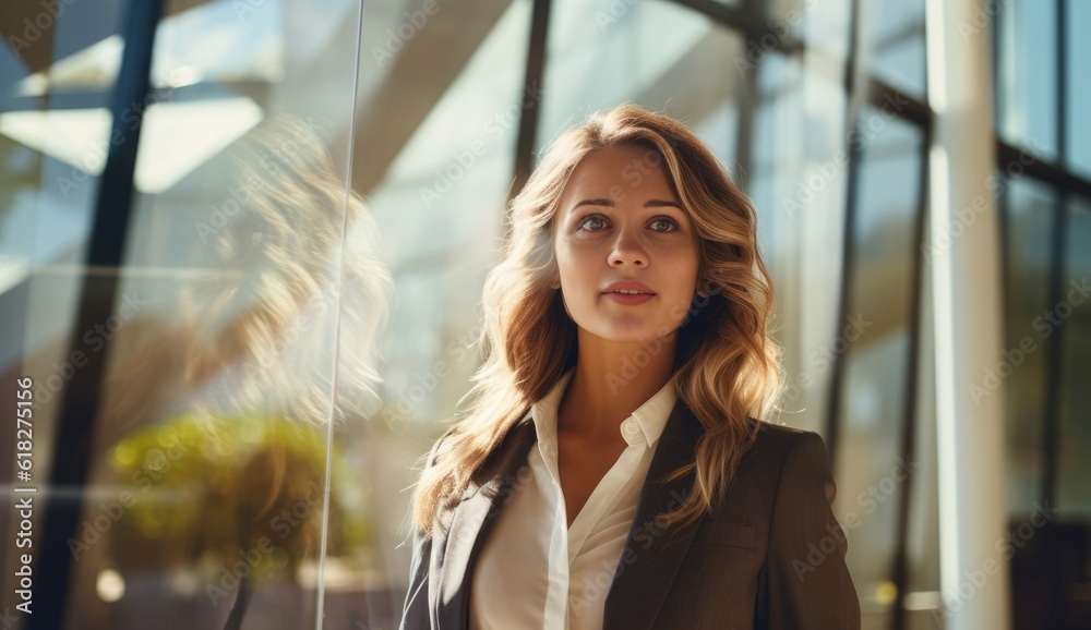 Fototapeta premium a business woman standing in front of an office