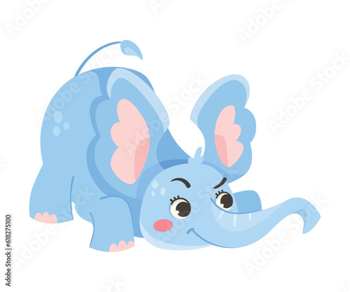 Cute Blue Baby Elephant Character Playing with Large Ear Flaps and Trunk Vector Illustration