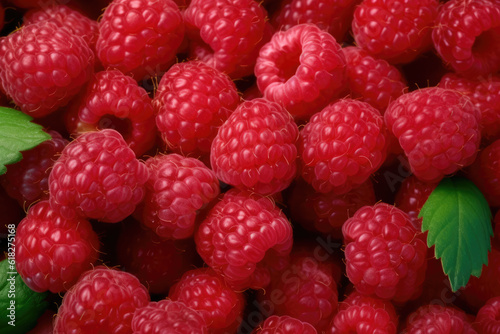 A close-up shot captures the vibrant and detailed texture of raspberries, filling the frame. Generative Ai, Ai.