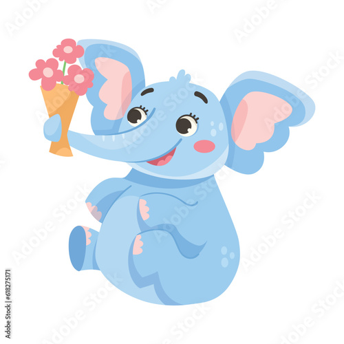 Cute Blue Baby Elephant Character Sitting with Flower Bouquet Vector Illustration