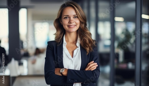 happy businesswoman at office with arms crossed