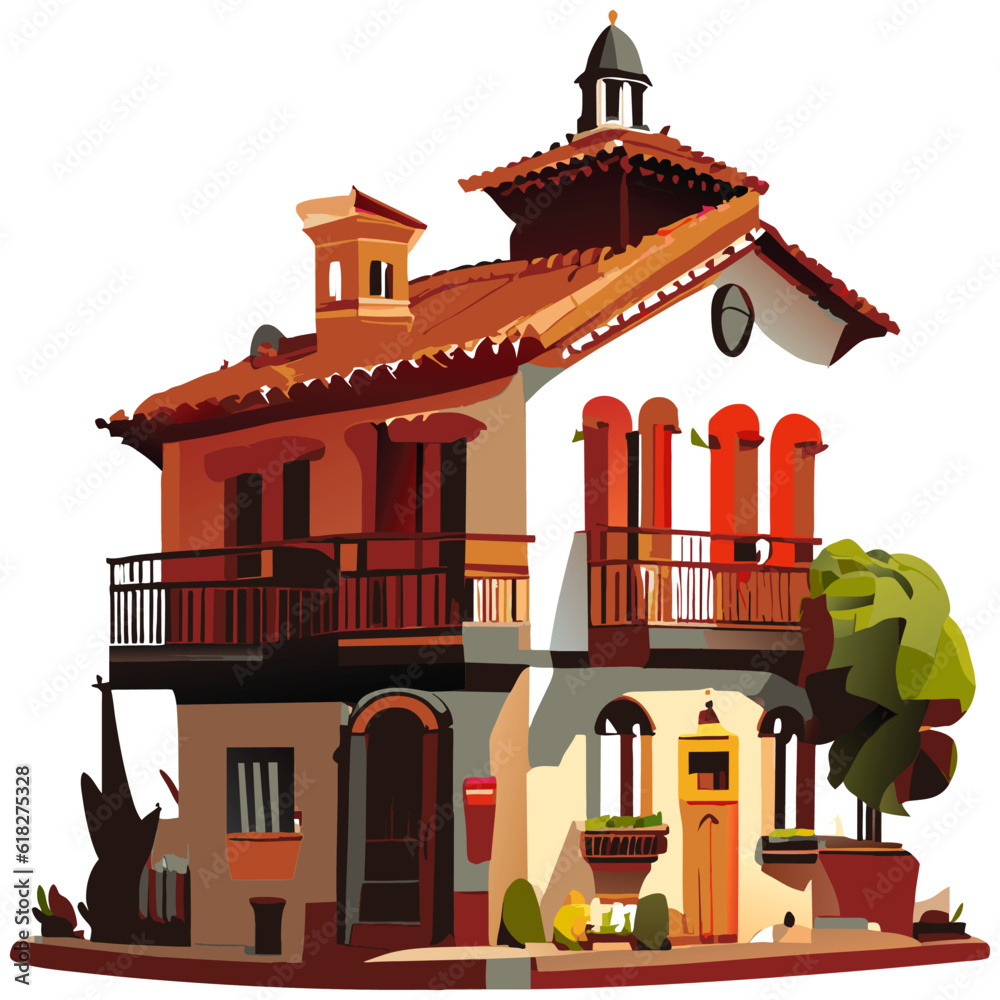 Vector art with cute colored spanish house in cartoon style.