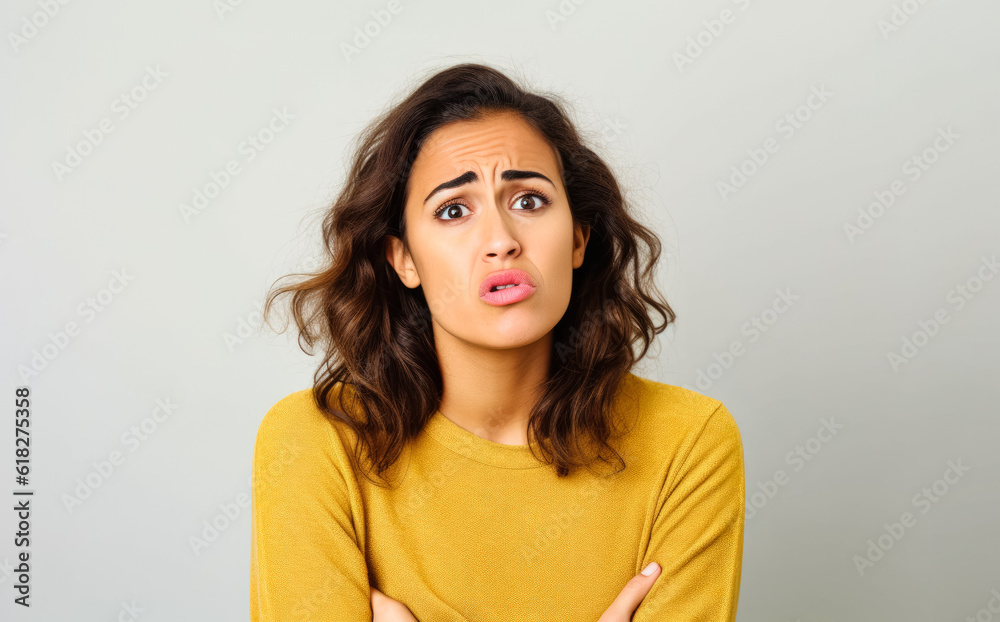 Young woman with uncertain annoyed expression, thinking. Generative AI Young woman with uncertain annoyed expression, thinking. Generative AI