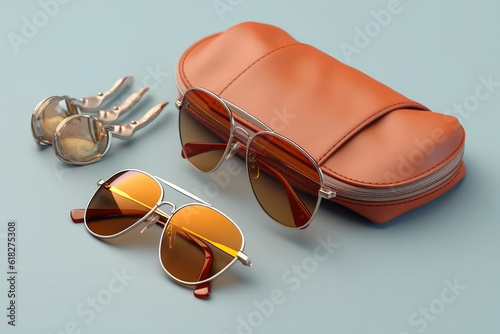 Stylish accessories, including sunglasses, arranged on a light background, adding a touch of fashion and sophistication. Generative Ai, Ai.