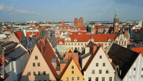Wroclaw, a city in the Lower Silesian Voivodeship on a sunny day. The most visible tourist places and locations in Wrocław from a bird's eye view from a drone.