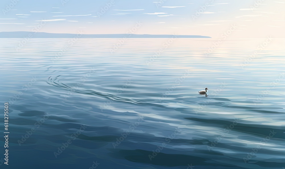  a duck floating on top of a large body of water next to a shore covered in waves and a mountain in the distance in the distance.  generative ai