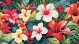 Plumerias and Hibiscus in a Tropical Paradise watercolor. AI generated