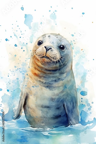 Playful seal with a friendly expression watercolor. AI generated © Olive Studio