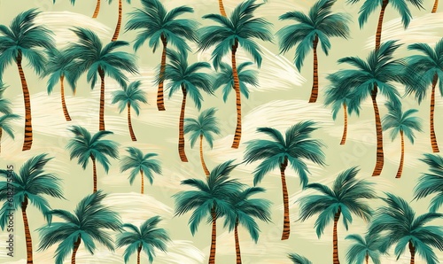  a pattern of palm trees on a green and beige background with a white cloud in the sky in the background is a palm tree pattern. generative ai © Olga
