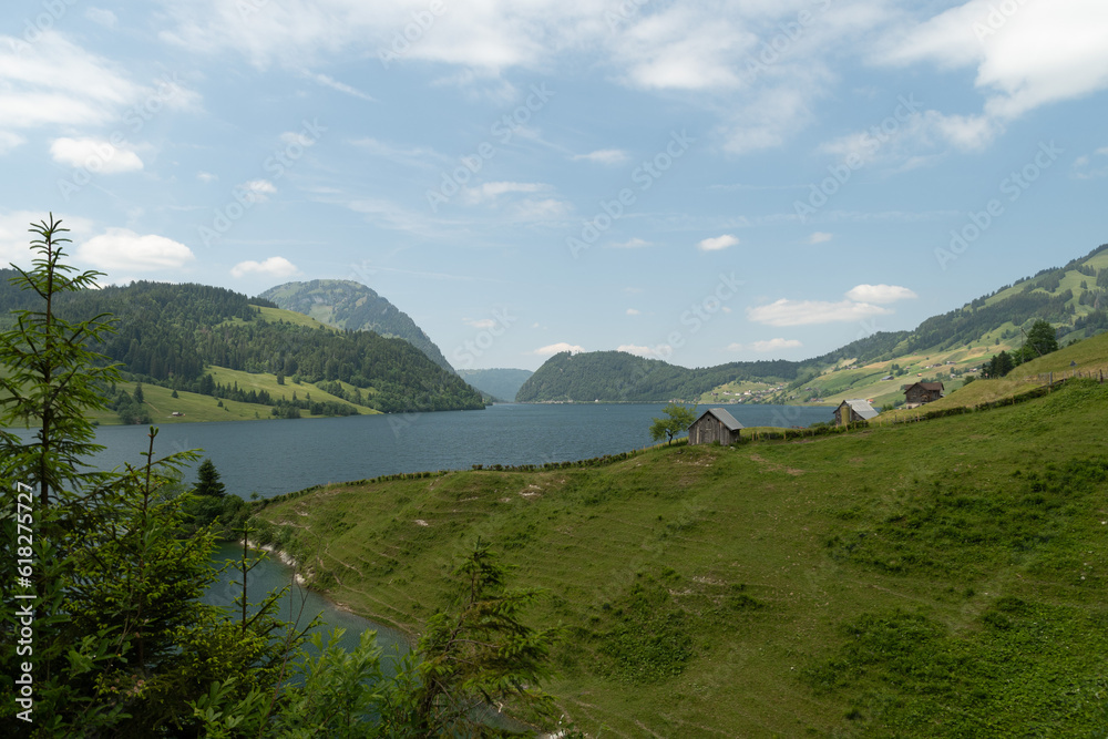 Lake Waegitalersee in an alpine scenery in Switzerland