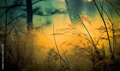  a field of tall grass with the sun setting in the distance behind it and a tree in the foreground with a yellow and blue sky in the background. generative ai