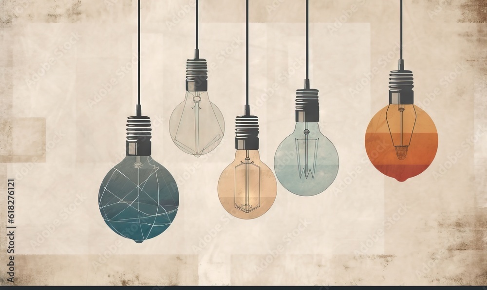 Naklejka premium a group of light bulbs hanging from a ceiling with wires attached to them and a light bulb in the middle of the picture with a brown background. generative ai