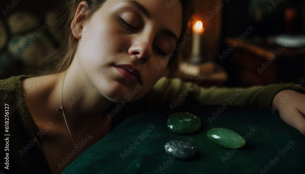 Brown haired woman holding candle, enjoying serene night generated by AI Brown haired woman holding candle, enjoying serene night generated by AI