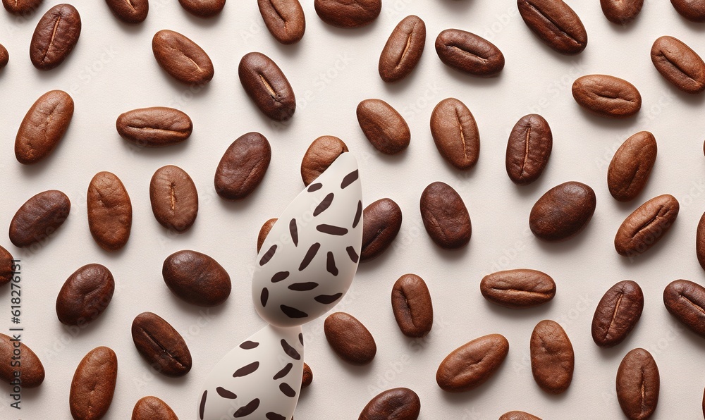 Fototapeta premium a white egg laying on top of a table covered in nuts and beans on a white surface with a polka dot egg holder in the middle of the egg. generative ai