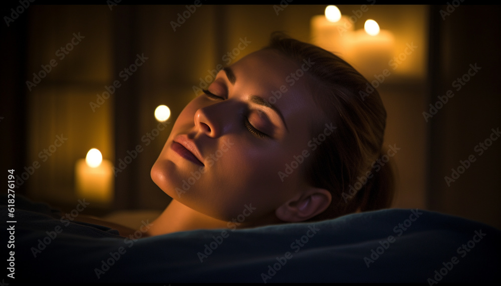 Beautiful young woman peacefully sleeping in bed generated by AI Beautiful young woman peacefully sleeping in bed generated by AI