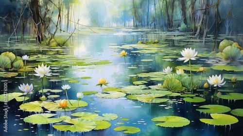 Quiet Pond with Lilies and Dragonflies watercolor. AI generated