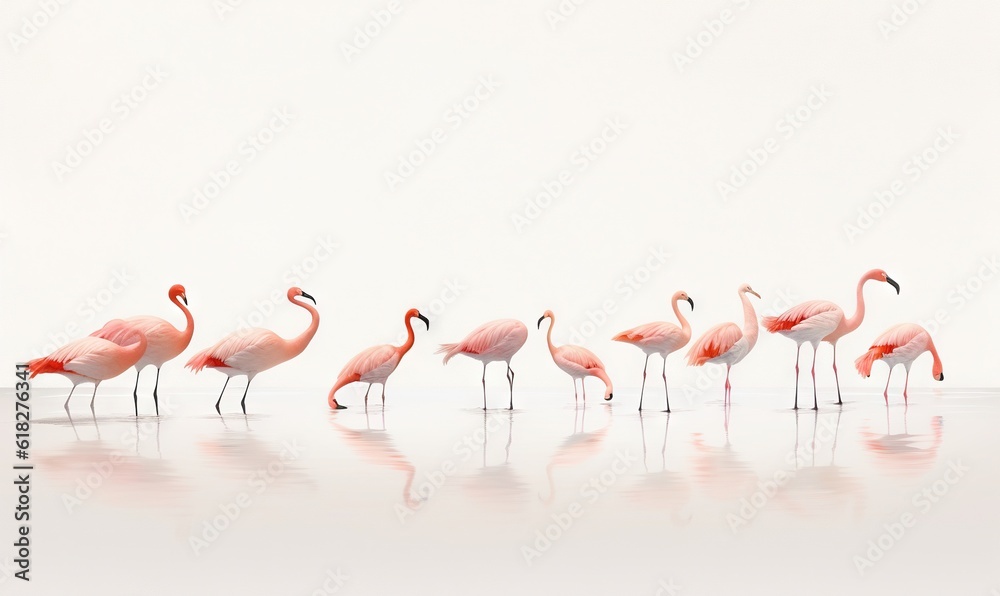 Obraz premium a group of pink flamingos standing in a line on a white surface with a reflection of them in the water and one flamingo looking at the camera. generative ai