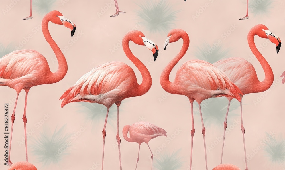 Fototapeta premium a group of flamingos standing next to each other on a pink background with palm leaves and a pink background with a pink background with pink flamingos. generative ai