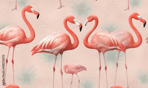  a group of flamingos standing next to each other on a pink background with palm leaves and a pink background with a pink background with pink flamingos.  generative ai