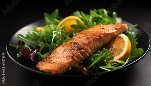 Grilled salmon fillet on gourmet salad plate   generated by AI