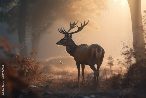 A majestic deer standing in the forest against the backdrop of a rising sun. The tranquil scene captures the beauty of nature as the deer gracefully. Generative Ai, Ai. © Sebastian