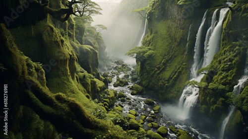A cascading waterfall tumbles down a moss-covered cliff, creating a mesmerizing spectacle of raw power and untamed natural wonder Generative AI © Julia