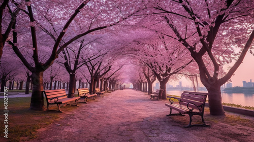 Delicate cherry blossoms bloom in a burst of soft pink, adorning a tranquil park with a carpet of ethereal petals, inviting a sense of serenity and renewa Generative AI