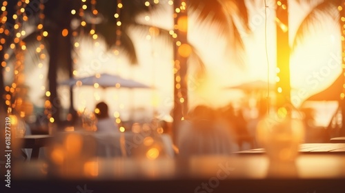 a photograph of a beach restaurant at sunset in summer with bokeh