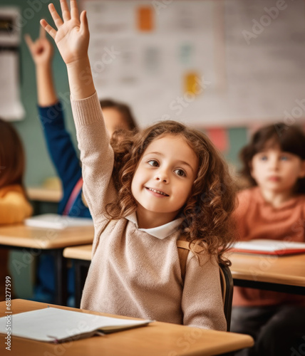 Small girl kid in school classroom raising hand up to answer teacher. Generative AI