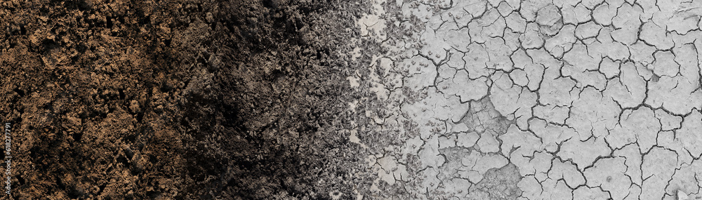 Changing Climate change cycle as a dried or dry cracked land suffering from drought turning into rich moist organic earth Changing Climate change cycle as a dried or dry cracked land suffering from drought turning into rich moist organic earth