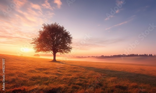  a lone tree in a field at sunset with a foggy sky in the background and the sun shining through the clouds in the distance. generative ai