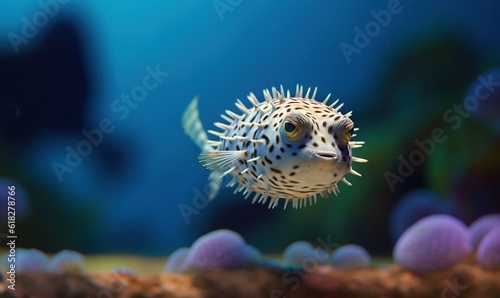  a puffer fish in an aquarium looking at the camera man's eye is on the bottom of the fish's head, while the other fish is in the background. generative ai
