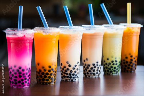 Colorful selection of fruit and chocolate flavored milky boba or bubble tea with tapioca pearls served in glasses with straws. AI generated content