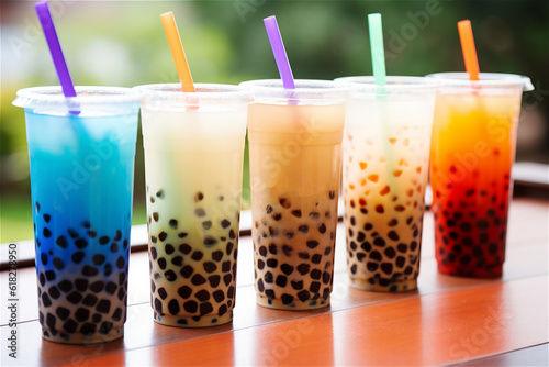 Colorful selection of fruit and chocolate flavored milky boba or bubble tea with tapioca pearls served in glasses with straws. AI generated content