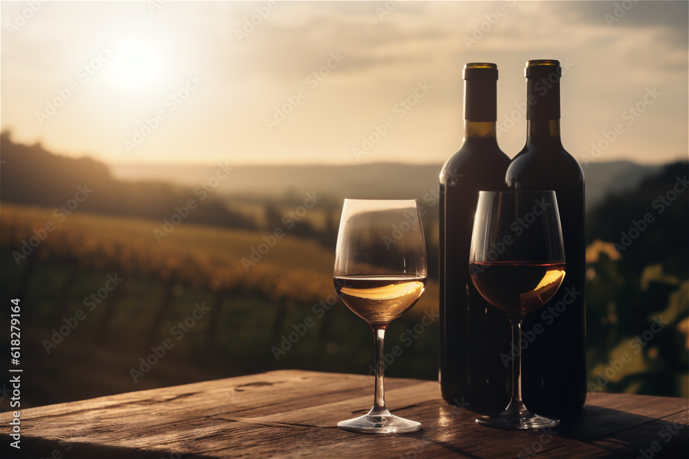 red wine bottle and wine glass on wodden table. AI generated content red wine bottle and wine glass on wodden table. AI generated content