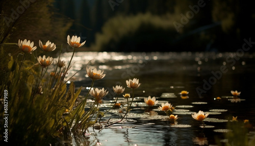 Lotus water lily blossoms in tranquil pond generated by AI
