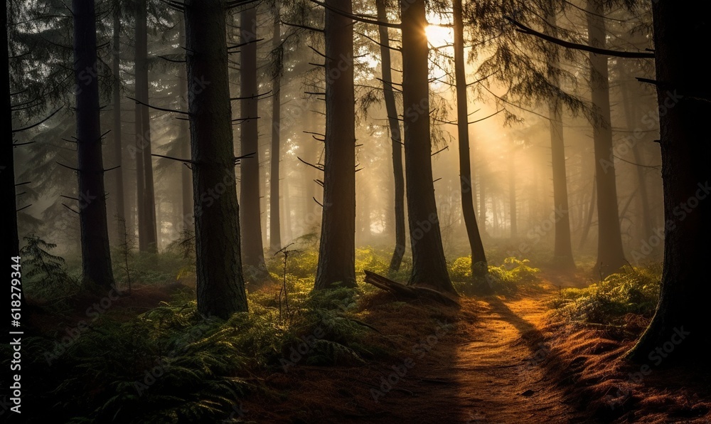 Fototapeta premium a trail in the woods with sun shining through the trees and fog in the air above the trees and grass on the ground, with a trail in the foreground. generative ai