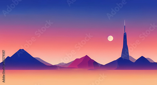 Multiple layers of silhouette mountains  with silhouette of big rocket in sky  sharp edges  at sunset  with heavy fog in air  vector style  horizon silhouette Landscape wallpaper. Generated AI