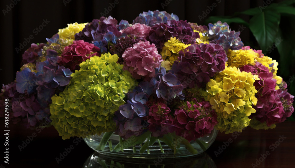 Vibrant bouquet of purple hydrangeas and orchids generated by AI