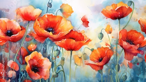 Striking Poppies in Bold Colors watercolor. AI generated