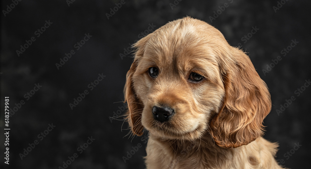 Cocker Spaniel puppy dog licking his lips isolated against a dark background. Long banner format Cocker Spaniel puppy dog licking his lips isolated against a dark background. Long banner format