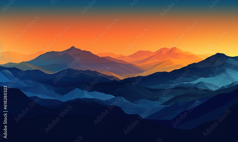  a mountain range with a sunset in the background and a blue sky with orange and yellow colors in the foreground, with the sun setting in the distance.  generative ai