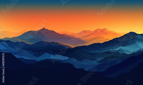  a mountain range with a sunset in the background and a blue sky with orange and yellow colors in the foreground, with the sun setting in the distance. generative ai